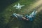 Black and Caucasian girl on the grass, flying UAV above