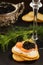 Black caviar on crackers with salmon and cream cheese, served with champagne