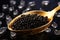 Black caviar in golden spoon. Texture of expensive luxury caviar over dark background. Generative AI