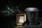 Black cemetery urn with golden raw mourning frame on deep green background