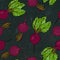 Black Chalk Board. Seamless Background of Ripe Beets. Endless Pattern of Beetroot with Top Leaves and Beet Halves. Fresh Vegetable