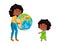 Black character hand hold planet and give earth children isolated on white, flat vector illustration. Conservation