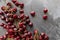 Black cherries dropped random on black chalk background. Tasty, healthy, summer berry. Red Cherries. Close up view