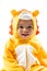 Black child boy,dressed in lion carnival suit, isolated on white background. Baby zodiac - sign Leo.