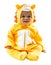 Black child boy,dressed in lion carnival suit, isolated on white background. Baby zodiac - sign Leo.