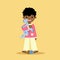 Black Child in Pajamas holds a toy Dinosaur in his hands. Cute character for your design.