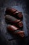 Black chocolate eclair with truffle coating on a dark background. An exquisite French dessert.