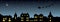 Black christmas panorama. Night city silhouette. Celebration scene. Isolated village landscape. Holidays graphic