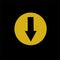 Black circle with gold metallic arrow vector illustration button icon pointed downwards.