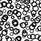 Black circle seamless pattern with intersecting hand drawn thick and thin outline rings. Vector chaotic monochrome