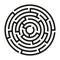 Black circle vector maze isolated on white background. Labyrinth with three entrances and one target. Vector maze icon