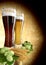 Black and classic beer, barley, hops - 3D render