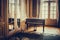 A black classic grand piano stands in the middle of a luxury room next to a window under sunlight. classical musical instrument,