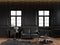 Black classic loft interior with wall panels, leather sofa, carpet and decor.