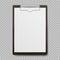 Black clipboard with blank white sheet attached on transparent background.