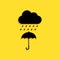 Black Cloud with rain drop on umbrella icon isolated on yellow background. Long shadow style. Vector