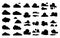 Black clouds. Cloud icons collection, isolated flat sky elements. Weather nature symbols, cloudy vector set