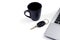 Black coffee cups and Car key and labtop computer on white backgrounds for minimalist style concept