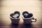 Black coffee, espresso in two heart shaped cups.. Love, Valentine\'s Day, vintage