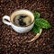 Black coffee green leaves caffee beans background vintage