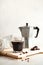 Black coffee, mocha for making espresso. Photo for a coffee shop in a minimalist style with space for text