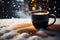 Black coffee mug background, beverage banner with copy space text, snow falling, winter template, christmas