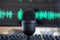 Black condenser microphone, mike blur turquoise waveform background