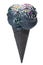 Black cone, wafer cup with scoops of black ice cream and decorated multicolor sprinkles is isolated on background