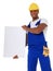 Black construction worker holding blank sign