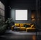 Black contemporary minimalist interior with yellow sofa, big frames, coffee table and decor. Generative AI