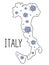 Black contour map of Italy. Hand drawn doodle map. Hand Drawn map of Italian country with Coronavirus on it. Huge and small