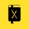 Black Cookbook icon isolated on yellow background. Cooking book icon. Recipe book. Fork and knife icons. Cutlery symbol