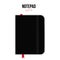 Black copybook template with elastic band and red bookmark inside. Realistic Vector illustration.