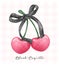 Black coquette cherries with ribbon bow, aesthetic watercolor hand drawing