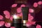 Black cosmetic ad design template. Dark golden skin care package tube glass reflection. Rose petals defocuced background