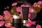 Black cosmetic ad design template. Dark golden skin care package tube glass reflection. Rose petals defocuced background promotion