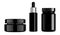 Black cosmetic bottle, cream jar, serum dropper