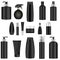 Black cosmetics bottle set. 3d mock-up package. Vector illustration of spray, dispenser and dropper, cream jar, shampoo