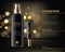 Black cosmetics bottles Vector realistic. Product packaging mock up. Golden shiny background bokeh effect. 3d detailed illustratio