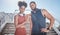 Black couple, city stairs portrait and fitness with headphones, music and motivation at outdoor workout. Exercise couple