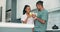 Black couple, kitchen and cheers in a home with love, smile and bonding together with a drink. Happy, support and