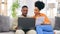 Black couple, laptop and documents for finance, mortgage or expenses on living room sofa together at home. Happy African