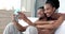 Black couple, love bond and phone video call in house bedroom, home interior or honeymoon hotel. Happy smile, relax man