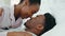 Black couple, nose or love bond in bedroom, hotel or house bed for romantic honeymoon, valentines day date or