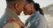 Black couple, ocean and kiss closeup with love, travel and vacation by the beach in Miami with a smile, Happy, sea and