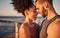 Black couple, smile and hug with forehead by beach embracing relationship, compassion or love and care. Happy man and