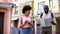 Black couple of tourists with map and photo camera, choosing direction, travel