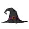 Black creepy witch hat with violet belt isolated on a white background. Color line art. Halloween retro design.