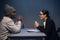 A black criminal in a hat communicates with his lawyer at the table in the police station