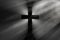 Black cross in the rays of light, simple Christian cross sign, 3D rendering illustration.